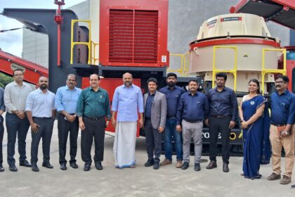 Hon’ble Minister Rajeeve P at Hailstone Innovations plant launch event in Palakkad, Kerala, with Track Mounted Crusher Series on display.