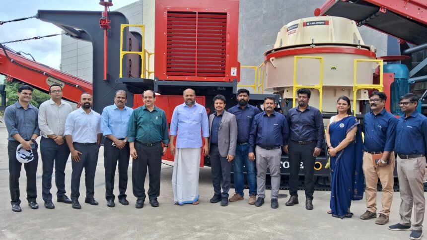 Hon’ble Minister Rajeeve P at Hailstone Innovations plant launch event in Palakkad, Kerala, with Track Mounted Crusher Series on display.