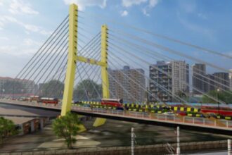 "Rendering of the upcoming six-lane twin cable-stayed Tilak Bridge in Dadar, Mumbai under construction"