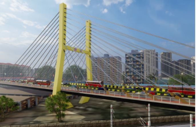 "Rendering of the upcoming six-lane twin cable-stayed Tilak Bridge in Dadar, Mumbai under construction"
