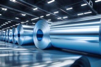 Steel manufacturing plant in India with glowing furnaces and rolling mills, representing India’s rise as the world’s second-largest steel producer and its roadmap to 500 MT production by 2047.