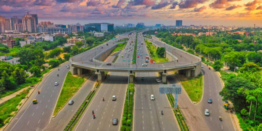 Aerial view of Kundli-Manesar-Palwal (KMP) Expressway in Haryana undergoing repair and upgrade work under a ₹523 crore government project.
