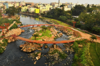 Musi Riverfront Development Project Hyderabad with ₹4,100 Cr ADB funding – Gateway of Hyderabad, Gandhi Sarovar with Gandhi statue, cultural and recreational hub