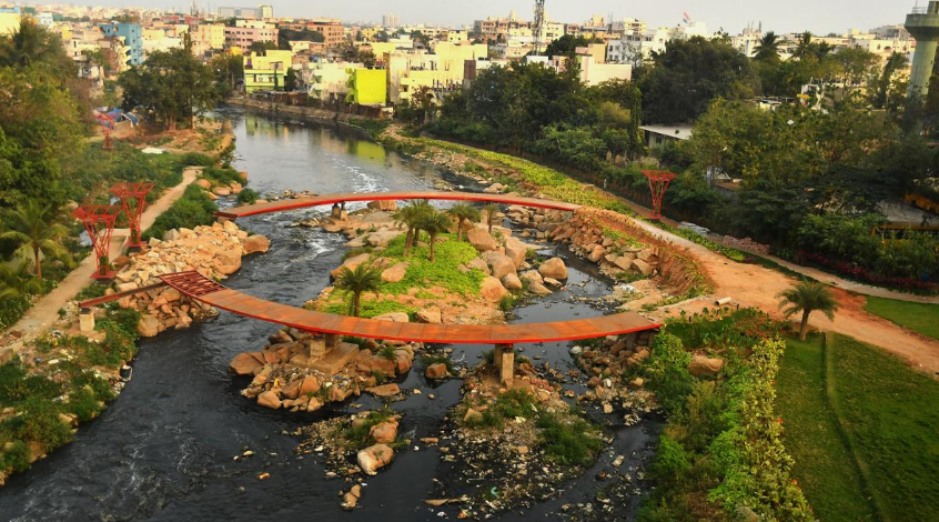 Musi Riverfront Development Project Hyderabad with ₹4,100 Cr ADB funding – Gateway of Hyderabad, Gandhi Sarovar with Gandhi statue, cultural and recreational hub