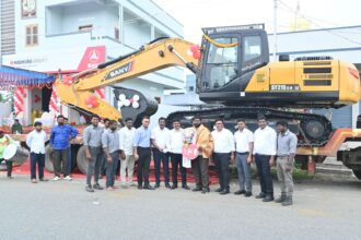 SANY India inaugurates new 3S branch offices in Visakhapatnam and Palwancha, featuring construction equipment and team members at the launch event.