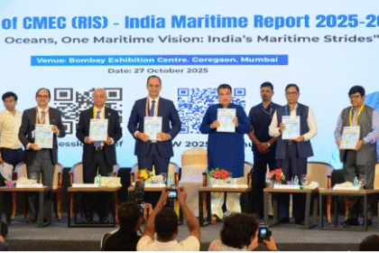 Union Minister Nitin Gadkari addressing India Maritime Week 2025 on India’s USD 1 trillion maritime sector potential under Sagarmala 2.0.