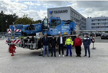 Schweri Autokrane GmbH receives new Tadano AC 3.045 City crane, enhancing lifting efficiency and precision with advanced IC 1 Plus control and Flex Base outrigger systems.