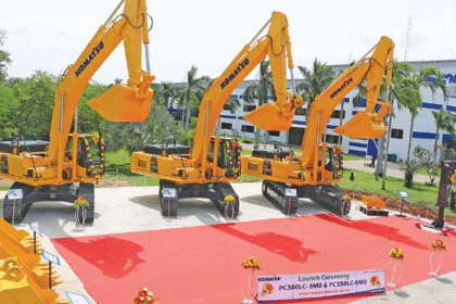L&T and Kemroc excavator attachments being showcased, including EK series chain cutters and drum cutters for construction and mining projects.
