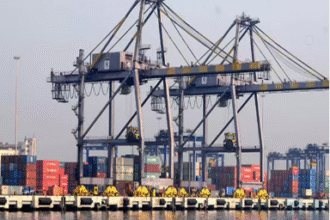 Aerial view illustration of the proposed Mumbai Port Authority yacht marina development at Cross Island.