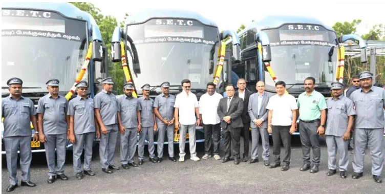 Volvo 9600 coaches flagged off by Tamil Nadu CM M.K. Stalin at Island Grounds, Chennai, for premium intercity transport services.
