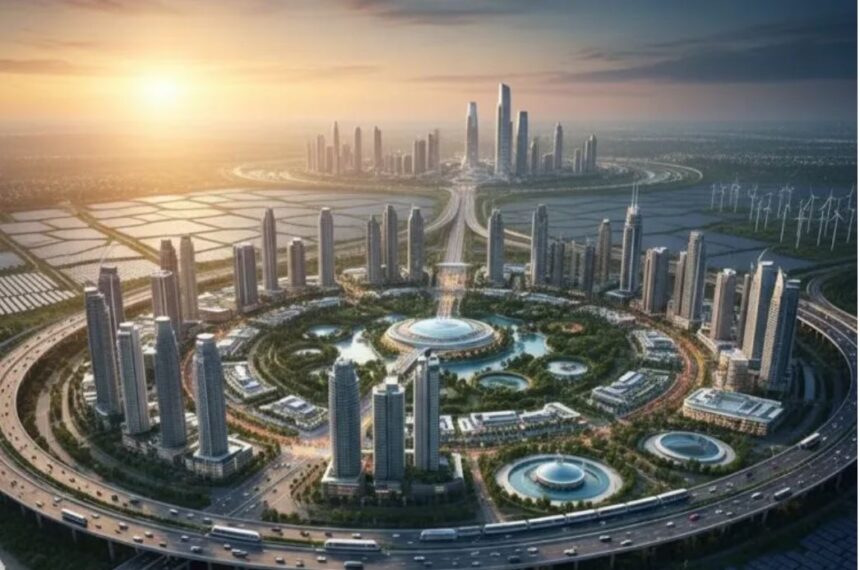 Proposed satellite towns in Gujarat including Sanand, Savli, Kalol, Bardoli and Hirasar aimed at reducing urban congestion through planned development