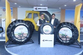 JK Tyre Shresth Plus agricultural tyre mounted on tractor at farm expo