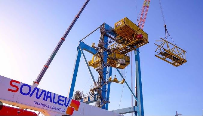 Somalev dismantling Liebherr STS cranes at Port of Casablanca using LTM 1400-7.1 all-terrain mobile crane.