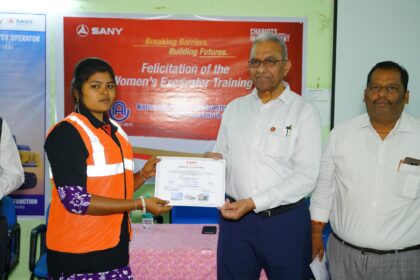 Women trainees operating a SANY SY120 Excavator during the first all-women excavator operator training batch at National Academy of Construction in Andhra Pradesh.