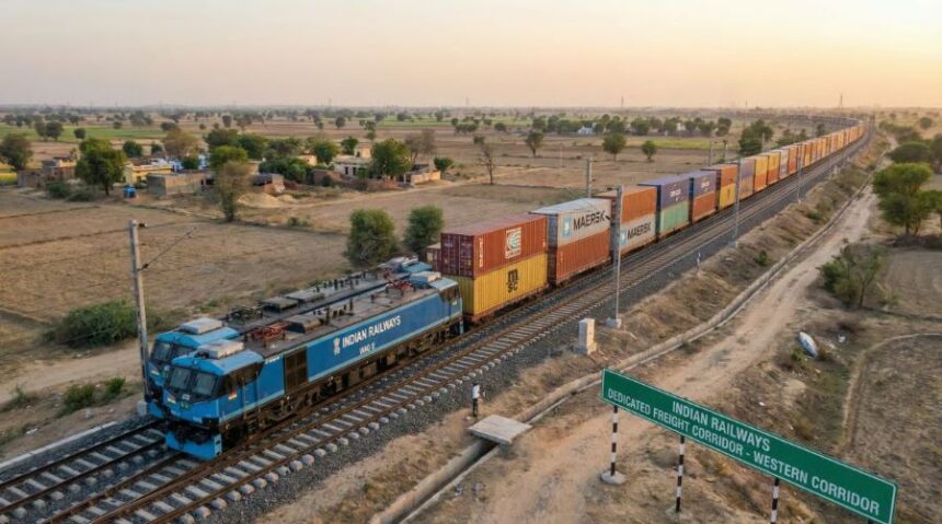 Freight train operated by Indian Railways transporting industrial commodities as freight loading rises to 137.72 million tonnes in February.