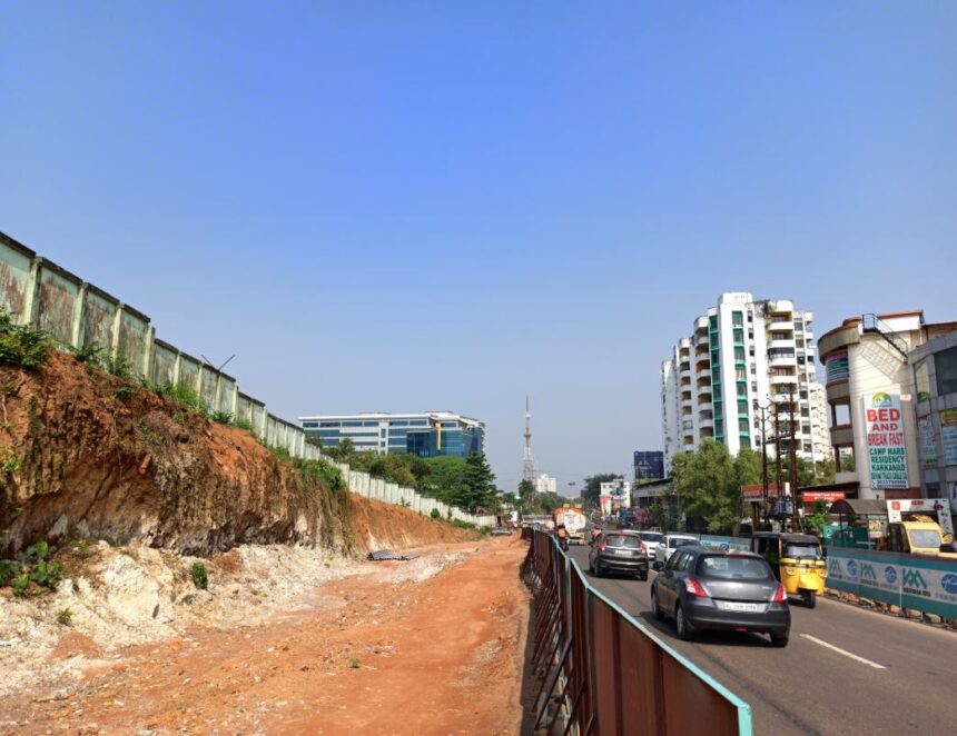 Traffic congestion near Karingachira junction in Tripunithura along the Seaport-Airport Road corridor.