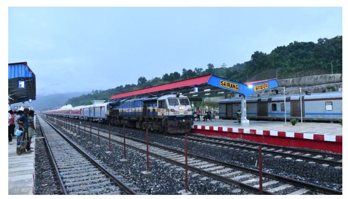 Mizoram railway expansion to Sairang with train services reporting over 150 percent occupancy after completion of the Bairabi–Sairang rail line connecting the state to the national railway network.