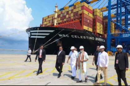 Prime Minister Narendra Modi inaugurating the Haldia Bulk Terminal developed by Adani Ports at Haldia Dock Complex in West Bengal for dry bulk cargo handling.