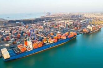 Adani Ports cargo handling operations showing containers, bulk cargo, and port infrastructure at Indian terminals