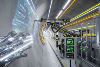 Automated resin bolting system installing ground support in underground mining tunnel