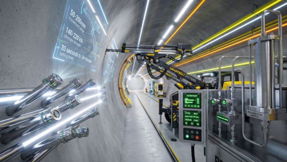 Automated resin bolting system installing ground support in underground mining tunnel