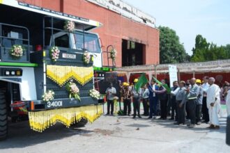 Electric dump truck in mining site with zero-emission heavy equipment