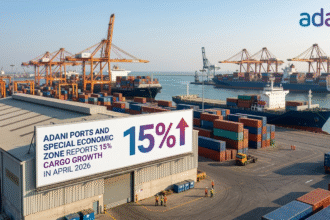 Cargo operations at Adani Ports and Special Economic Zone terminals showing container handling and logistics activity during April 2026 growth performance.