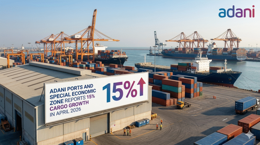 Cargo operations at Adani Ports and Special Economic Zone terminals showing container handling and logistics activity during April 2026 growth performance.