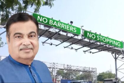 Vehicles moving through a barrier-free highway tolling system with GNSS tracking and digital toll collection infrastructure in India