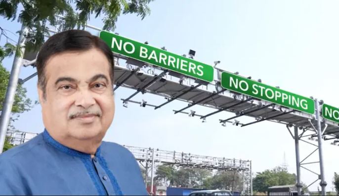 Vehicles moving through a barrier-free highway tolling system with GNSS tracking and digital toll collection infrastructure in India